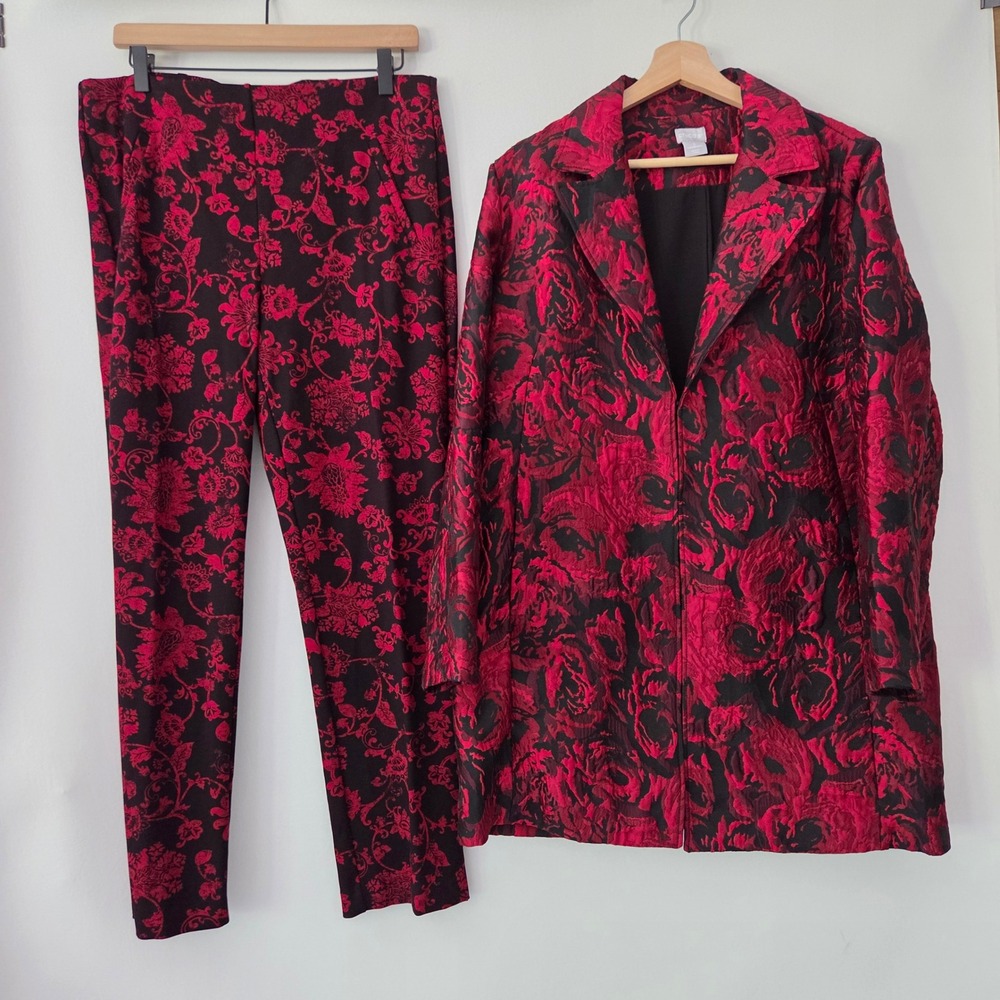 Chico's Pant Suit Red Black Floral Jacquard Blazer Trousers Womens 2 L 12/14